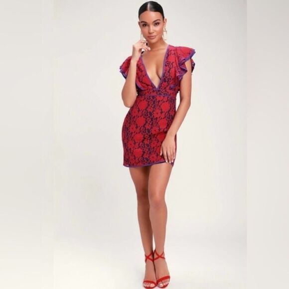 LULU’S Under the Stars Deep Plunge Purple and Red Lace Ruffle Mini Dress Sz M - Picture 1 of 8